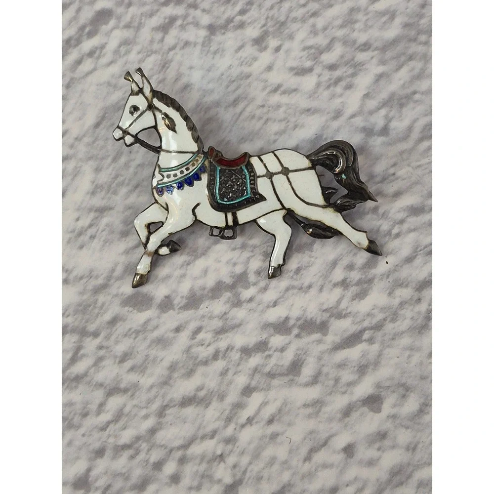 Vintage Siam Silver Enamel White Horse Equestrian Brooch Pin Sterling Silver